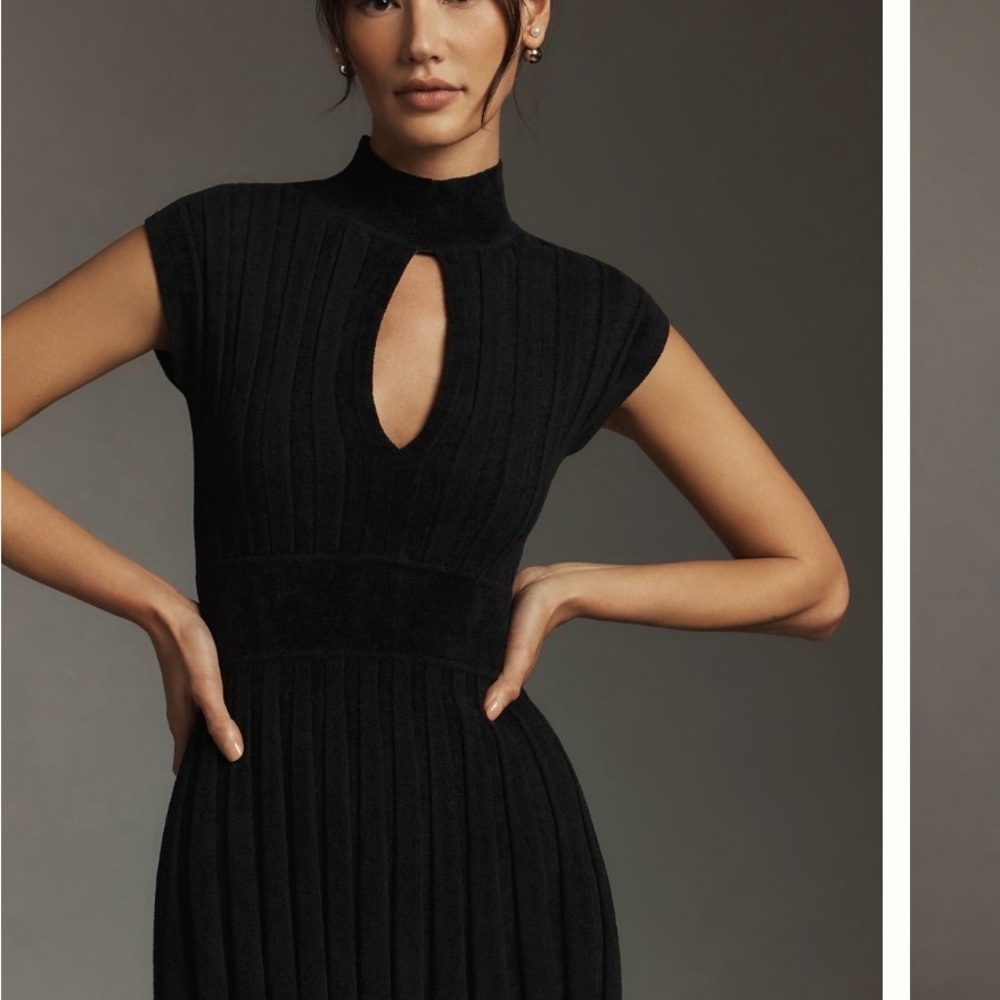 NWT Anthropologie Black Ribbed Sheath Dress Mock Neck Cap Sleeve